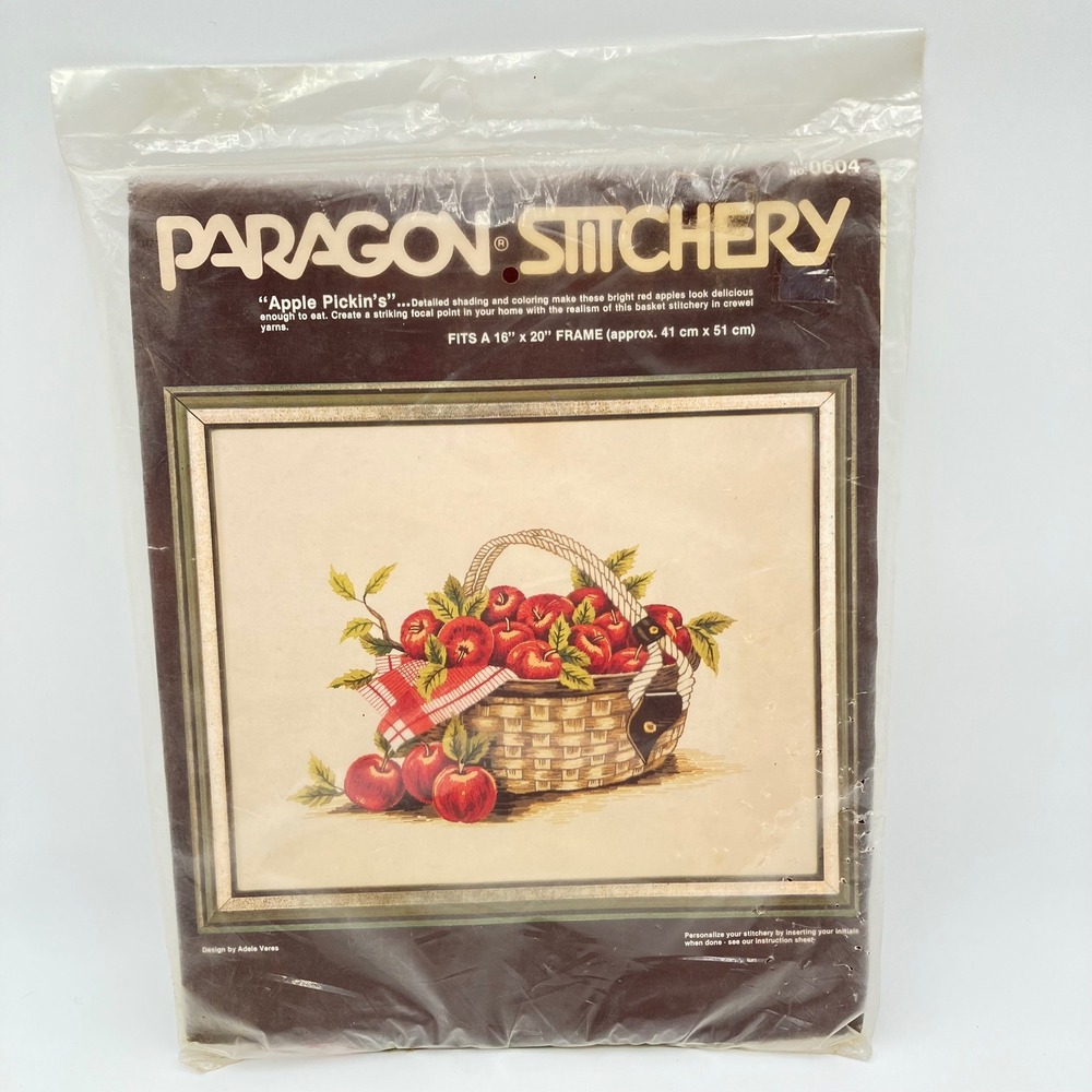 Vintage Paragon Stitchery Apple Pickin's Crewel Embroidery Kit 0604 16x20 NEW